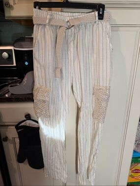 Cream Striped Drawstring Trousers with Braided Belt
